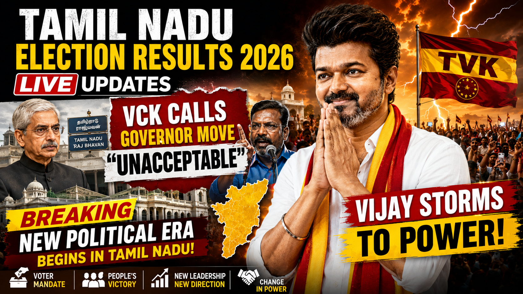 Tamil Nadu Election Results 2026 Live Updates: VCK Calls Governor Move “Unacceptable” as Vijay Storms to Power!