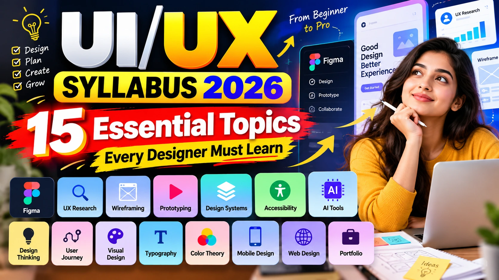 UI/UX Syllabus 2026 showing 15 essential design topics including Figma, UX Research, Wireframing, Prototyping and Design Systems